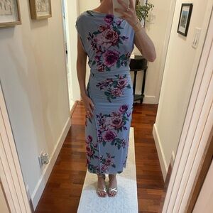 Free people blue floral midi dress with boat neckline and side slit | size small